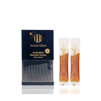 Manuka Honey MGO 150+ in 10 sachets from Aussie Qbee, showcasing authentic Australian Manuka honey product.