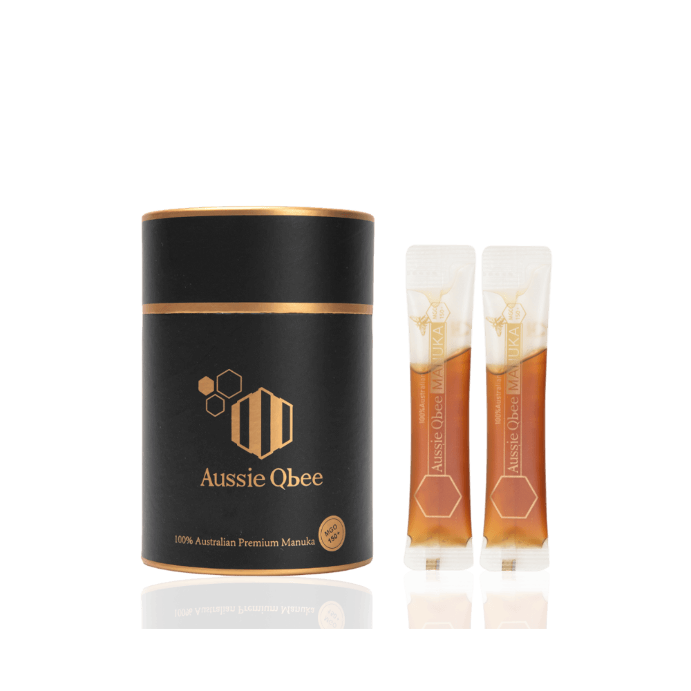 Manuka Honey MGO 150+ in 30 sachets from Aussie Qbee, showcasing authentic Australian Manuka honey product.