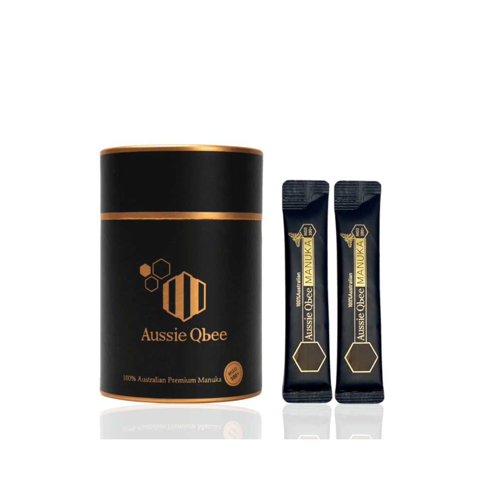 Manuka Honey MGO 300+ 360g product packaging with sachets by Aussie Qbee, showcasing premium quality Australian Manuka honey.