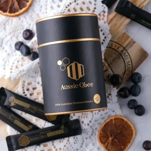 Manuka Honey MGO 300+ 360g packaging by Aussie Qbee featuring 100% Australian Premium Manuka honey.