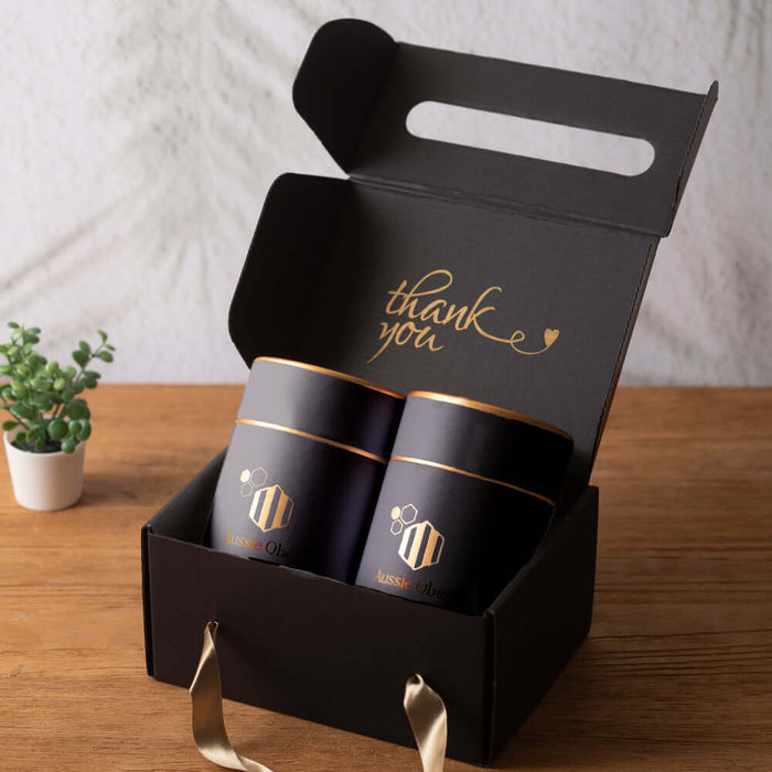 Manuka Honey MGO300+ Gift Package elegantly presented in a thank you gift box with premium black design.