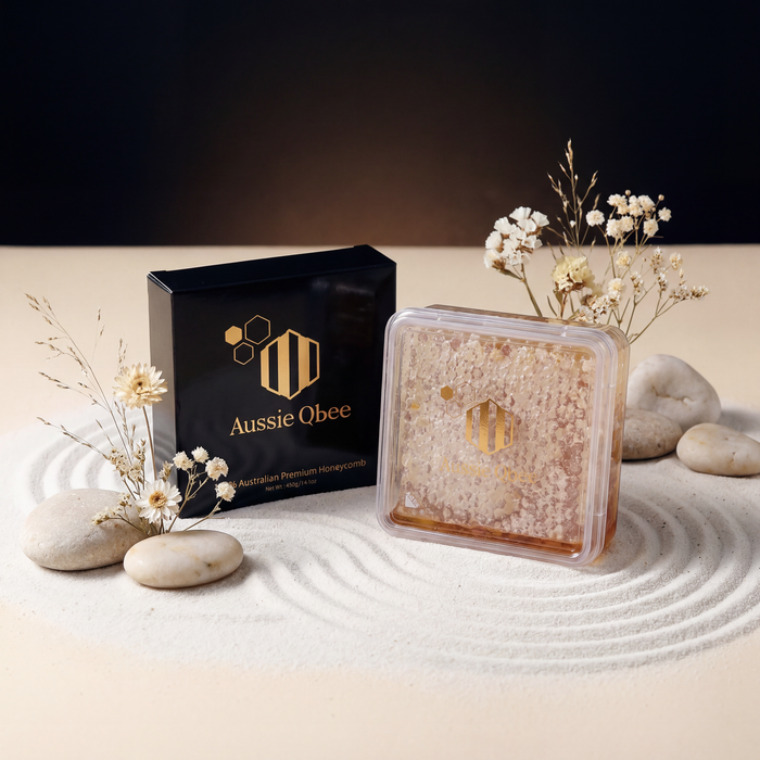 The Morning Ritual Pair with Aussie Qbee Australian Premium Honeycomb displayed elegantly on a textured surface.